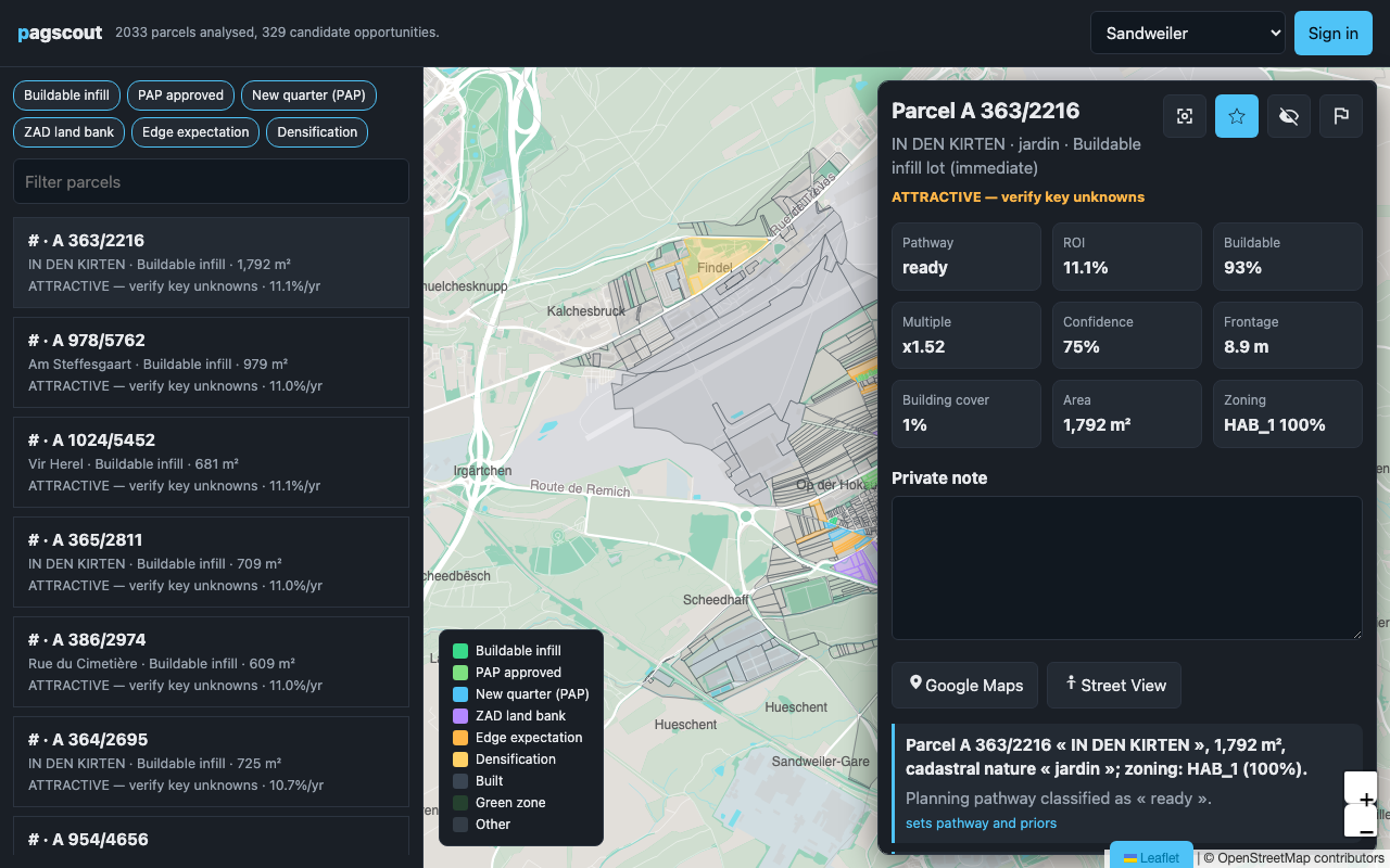 Aperçu de la carte des opportunités foncières pagscout
